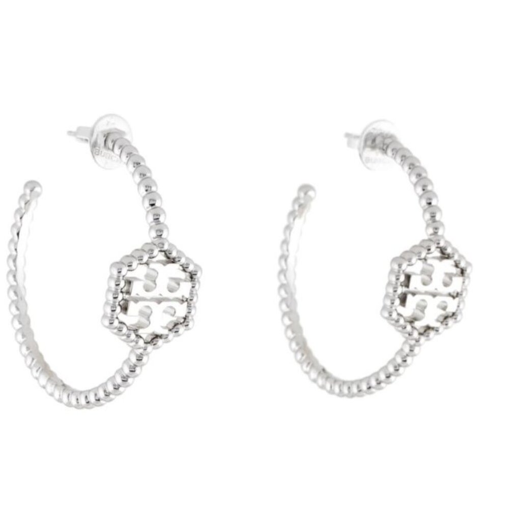 Tory Burch Silver Hexagon Logo Hoop Earrings - Picture 2 of 6